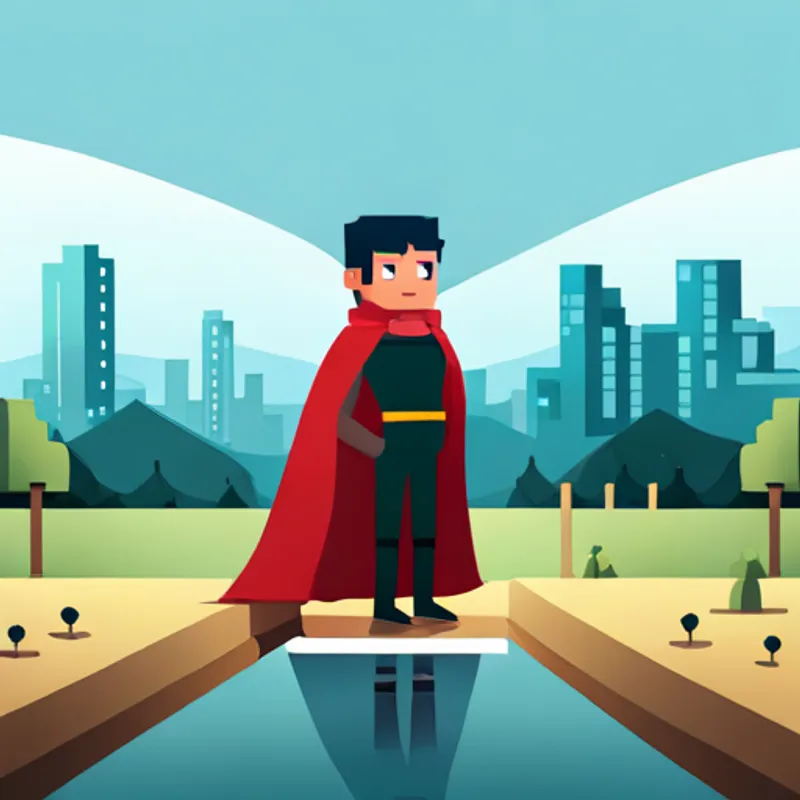 little boy in Dark knight in black cape and cowl costume with determined look looking at flooded park with sad girls