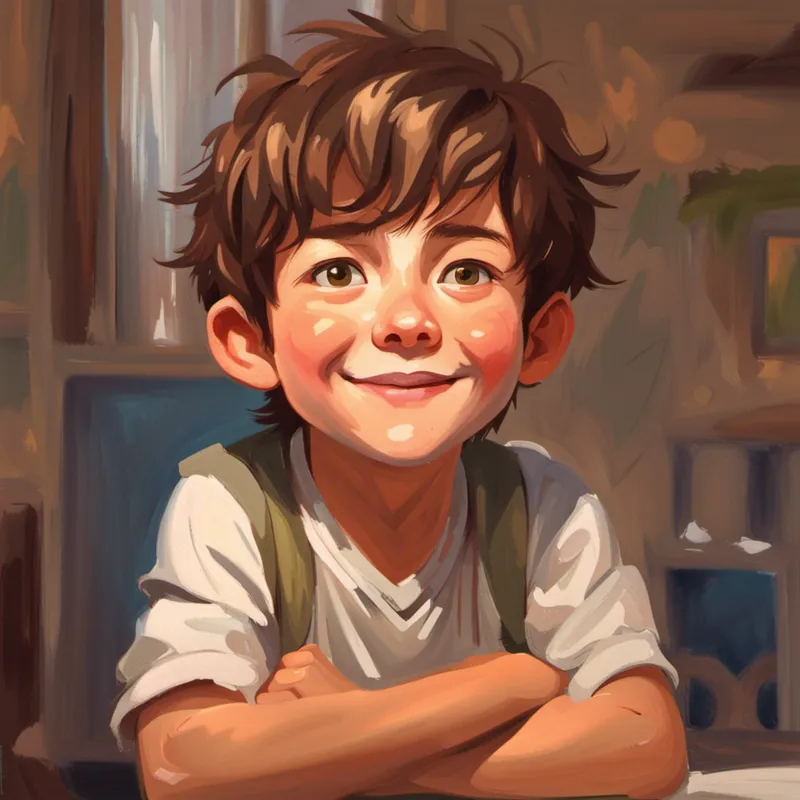 Small boy with brown hair, determined and happy with a patient and persistent smile