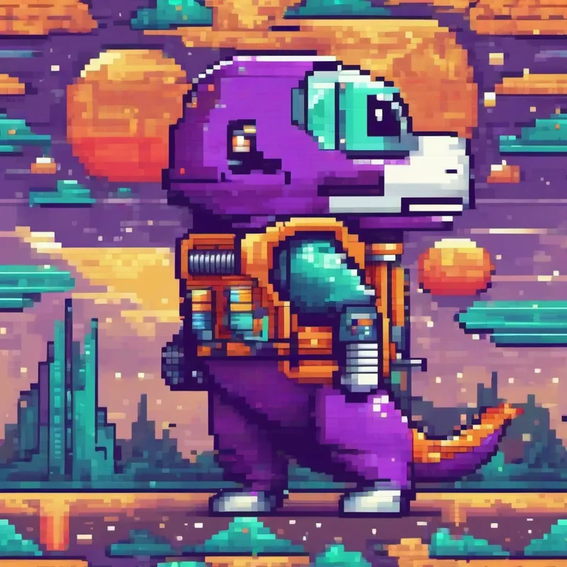 A friendly dinosaur with purple skin wearing a spacesuit building a rocket to go to space, colorful