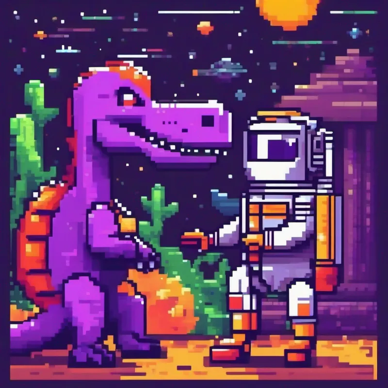 A friendly dinosaur with purple skin wearing a spacesuit meeting an alien and learning about Mercury, bright and warm colors