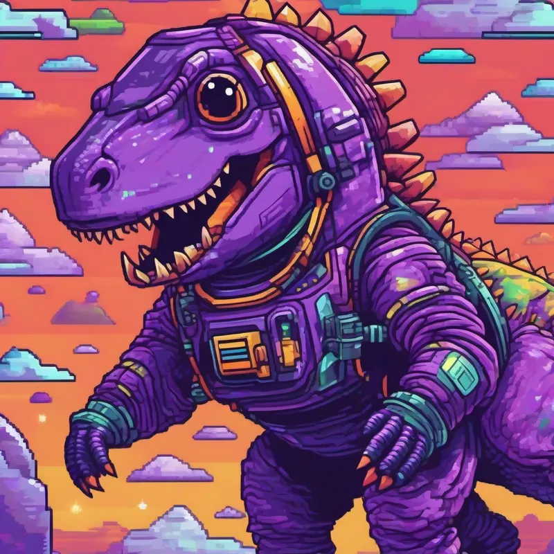 A friendly dinosaur with purple skin wearing a spacesuit exploring Venus with clouds and his spacesuit, vibrant colors