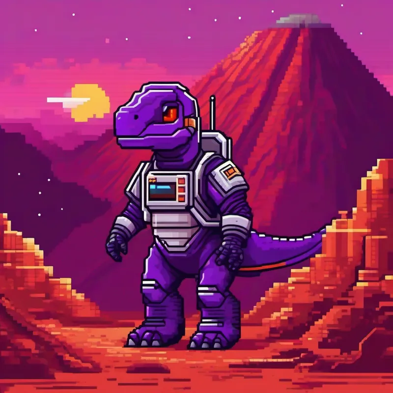 A friendly dinosaur with purple skin wearing a spacesuit on Mars, seeing the volcano and canyon, red and rocky colors
