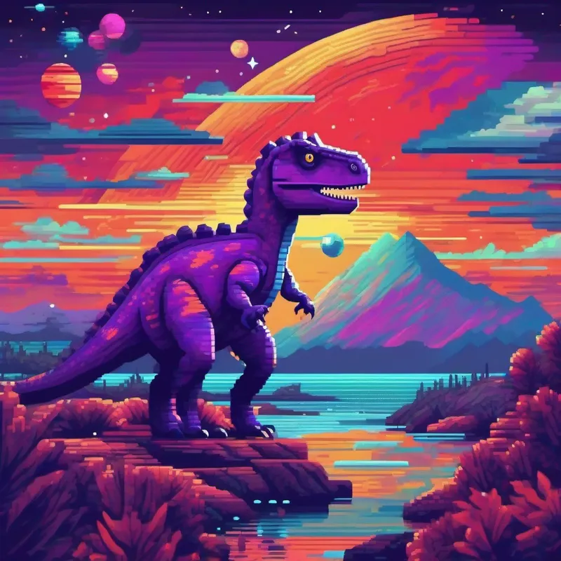 A friendly dinosaur with purple skin wearing a spacesuit observing Jupiter and the Great Red Spot, blue and stormy colors