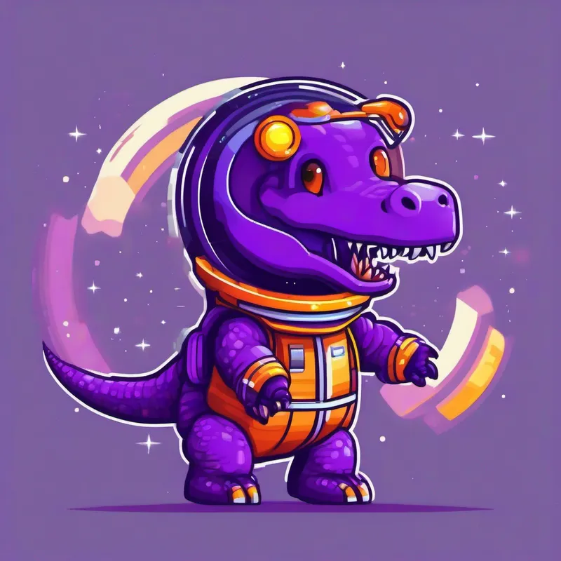 A friendly dinosaur with purple skin wearing a spacesuit imagining flying through Saturn's rings, colorful and shiny