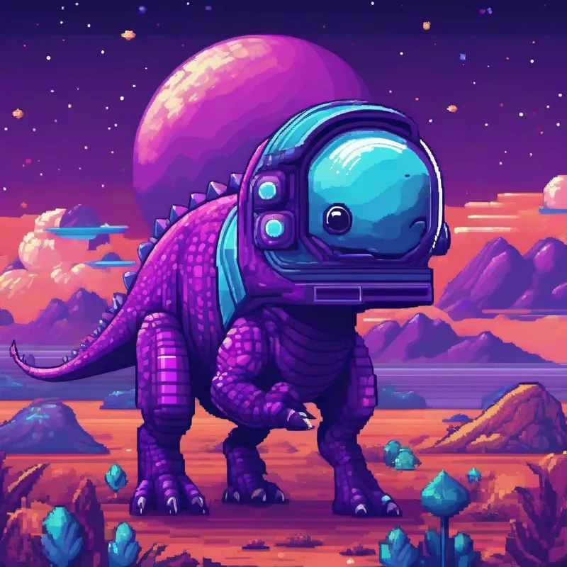 A friendly dinosaur with purple skin wearing a spacesuit observing Uranus and Neptune, purple and blue colors