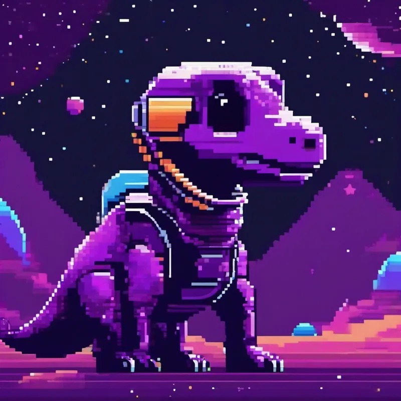 A friendly dinosaur with purple skin wearing a spacesuit contemplating Pluto and the vastness of space, dark and mysterious colors