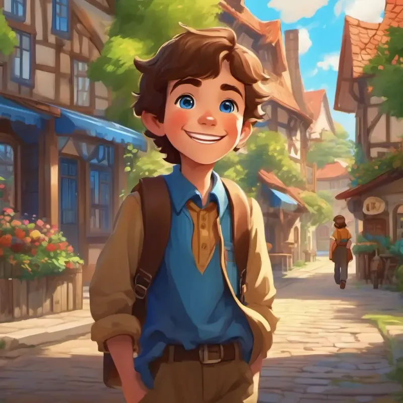 Introduction of main character A young boy with a big smile, brown hair, and bright blue eyes, setting in a small town