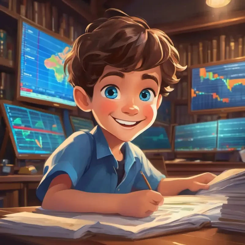 A young boy with a big smile, brown hair, and bright blue eyes's new interest in stock trading, learning about stocks and shares