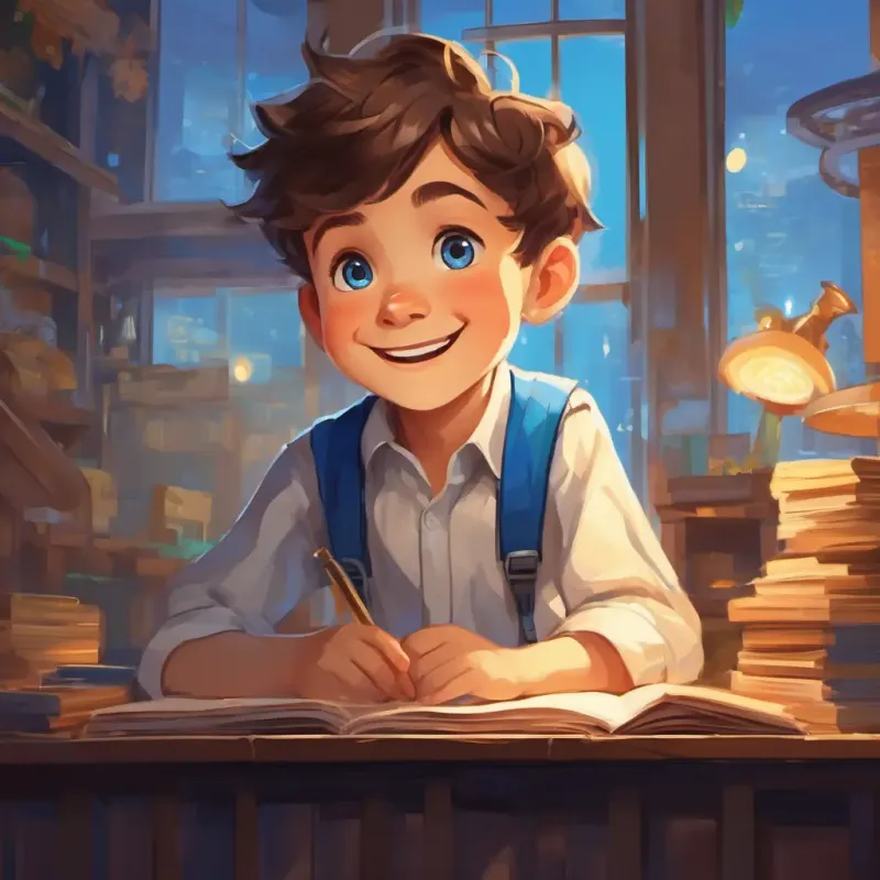 A young boy with a big smile, brown hair, and bright blue eyes's determination and clever strategies to invest in stock market