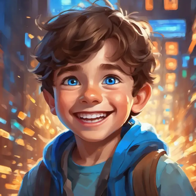 A young boy with a big smile, brown hair, and bright blue eyes facing challenges and risks in the stock market