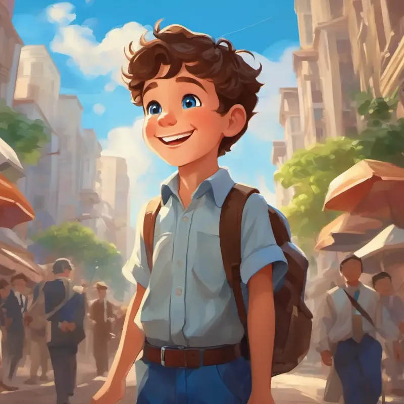 A young boy with a big smile, brown hair, and bright blue eyes's success in the stock market, achieving unexpected success