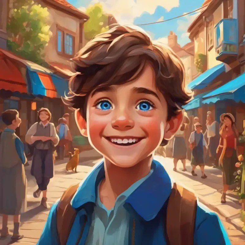 People in the town being amazed by A young boy with a big smile, brown hair, and bright blue eyes's success and inspired by his story