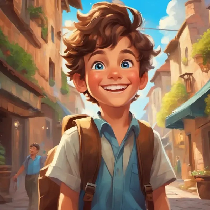 A young boy with a big smile, brown hair, and bright blue eyes's continuing adventures in the world of stocks and enjoying his success