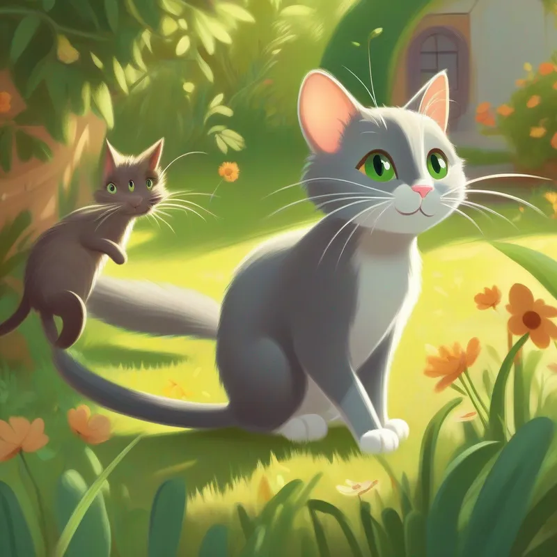 Gray cat with green eyes and Small brown rat with a long tail playing in a sunny garden