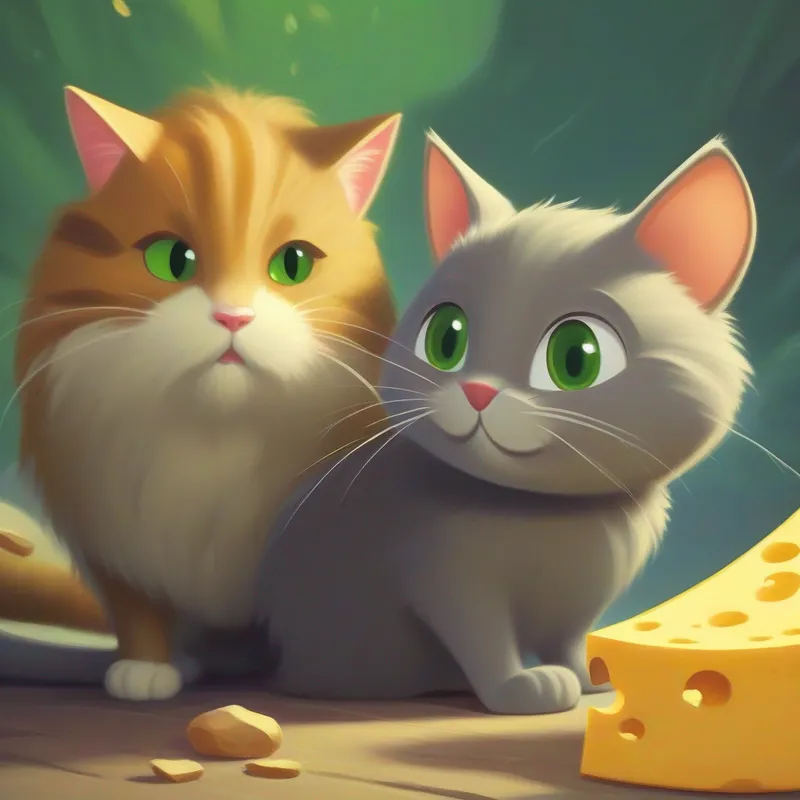 Gray cat with green eyes and Small brown rat with a long tail looking excitedly at a giant piece of cheese