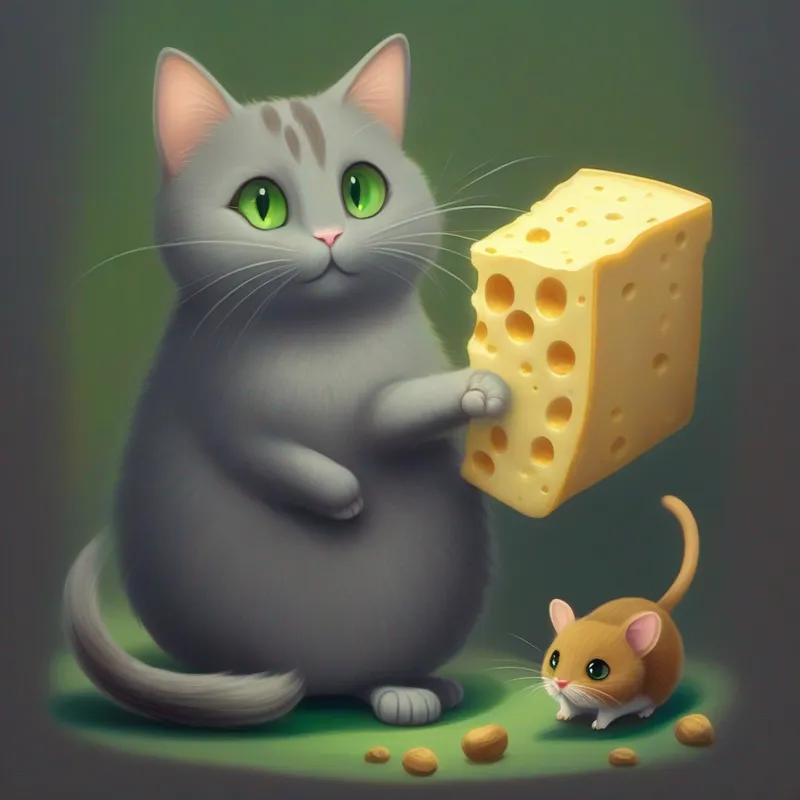 Gray cat with green eyes holding the cheese while talking to Small brown rat with a long tail