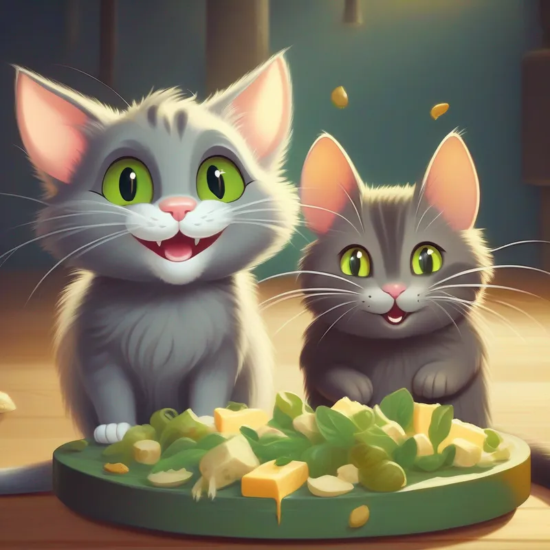 Gray cat with green eyes and Small brown rat with a long tail smiling while eating cheese
