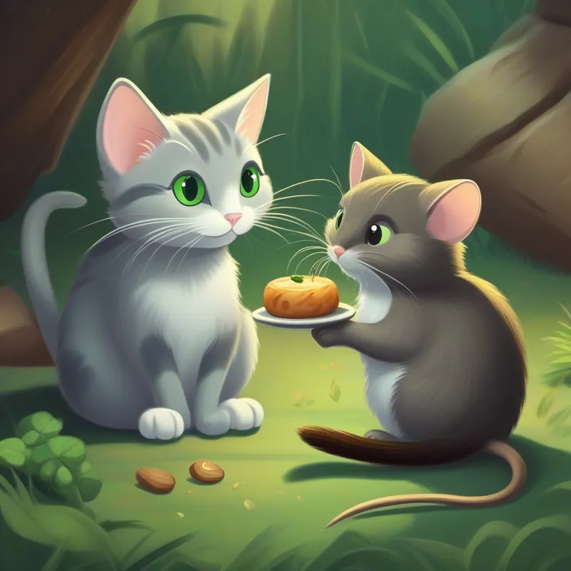 Gray cat with green eyes and Small brown rat with a long tail sitting together, sharing a meal