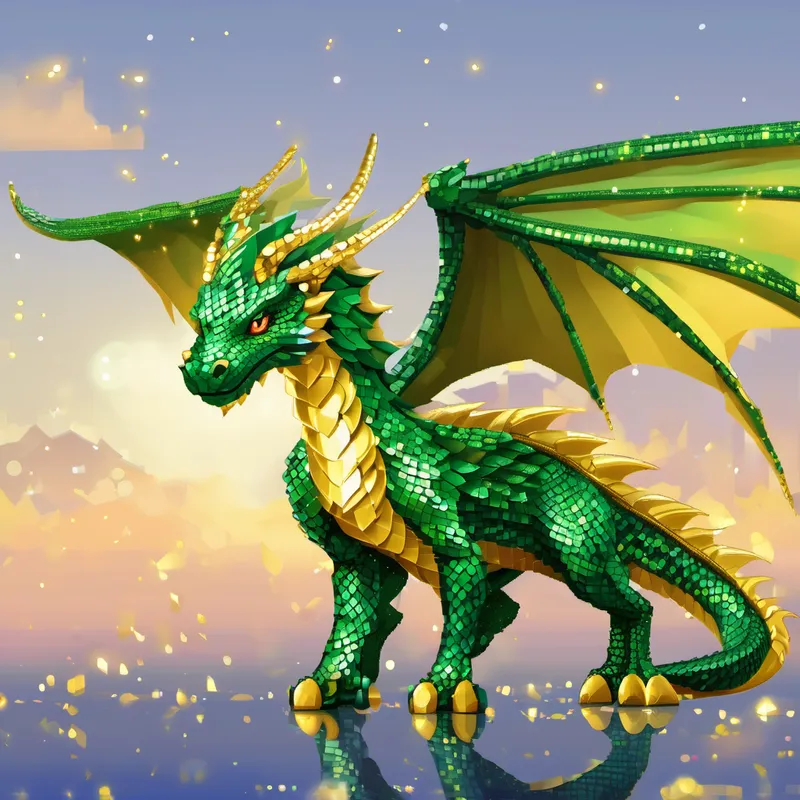 A green Green dragon, golden scales, sparkly wings, eyes filled with curiosity., with golden scales and sparkly wings