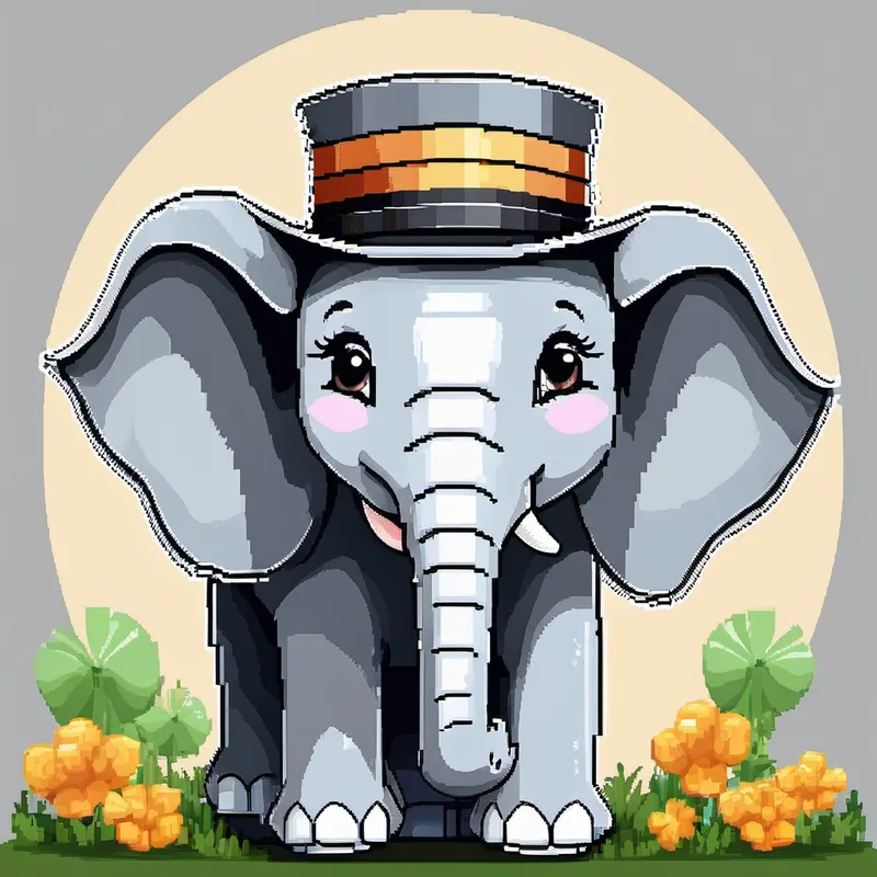 A grey Grey elephant, cheerful hat, friendly eyes, always smiling., wearing a cheerful hat