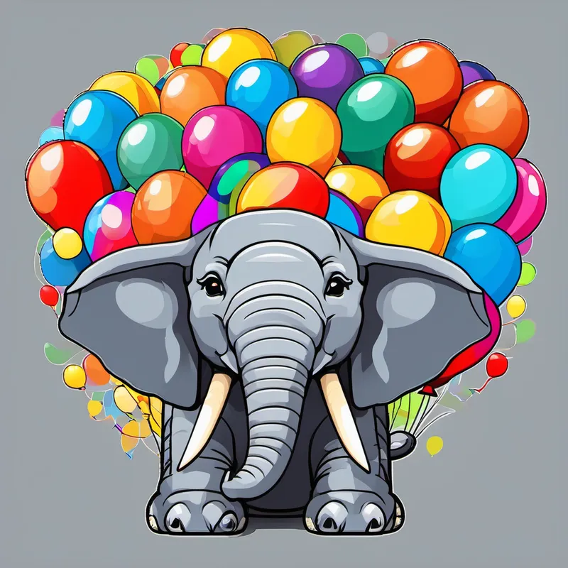 The Grey elephant, cheerful hat, friendly eyes, always smiling. counting colorful balloons: One, two, three!