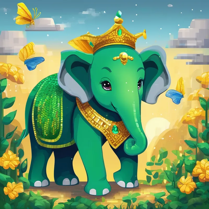 The Green dragon, golden scales, sparkly wings, eyes filled with curiosity. and the Grey elephant, cheerful hat, friendly eyes, always smiling. counting butterflies happily