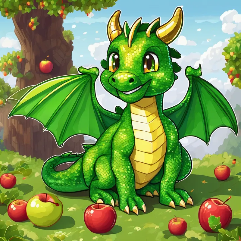 The Green dragon, golden scales, sparkly wings, eyes filled with curiosity. proudly counting apples with a smile