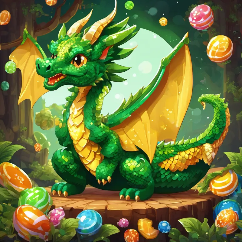 The Green dragon, golden scales, sparkly wings, eyes filled with curiosity. excitedly counting candies up to ten
