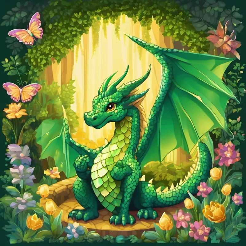 Animals and fairies clapping for the clever Green dragon, golden scales, sparkly wings, eyes filled with curiosity.