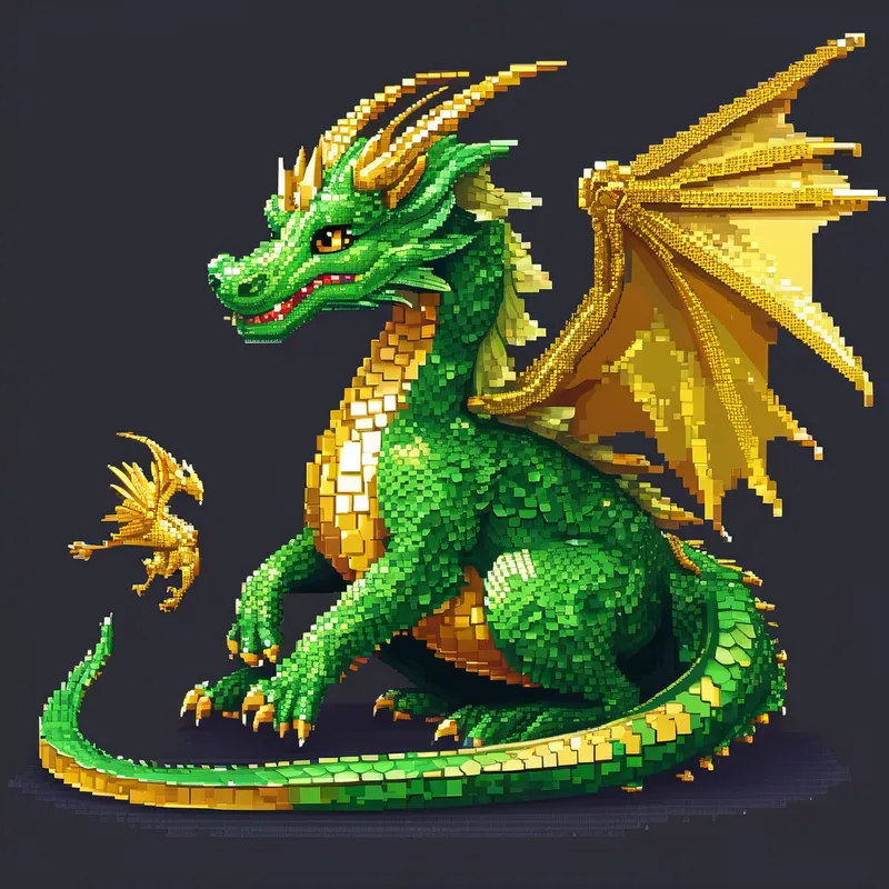 The Green dragon, golden scales, sparkly wings, eyes filled with curiosity. smiling brightly with friends in celebration