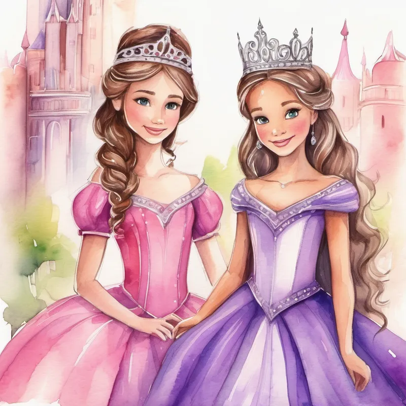 Two princesses in a kingdom, Princess in pink dress with a tiara and Princess in purple dress with a confident smile, love each other