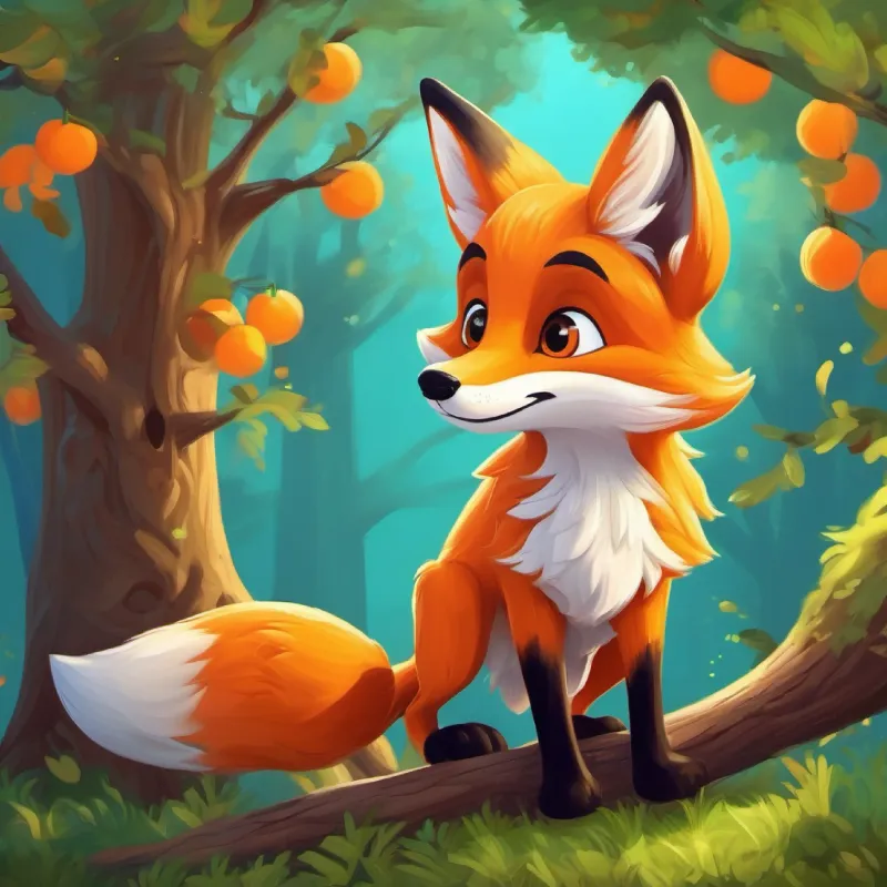 A playful fox with orange fur and bright eyes interacts with a talking oak tree.
