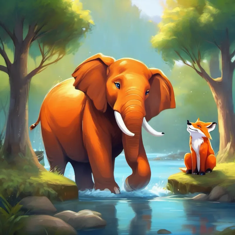 A playful fox with orange fur and bright eyes meets A big elephant with a kind smile and sparkling eyes the Elephant by the river.