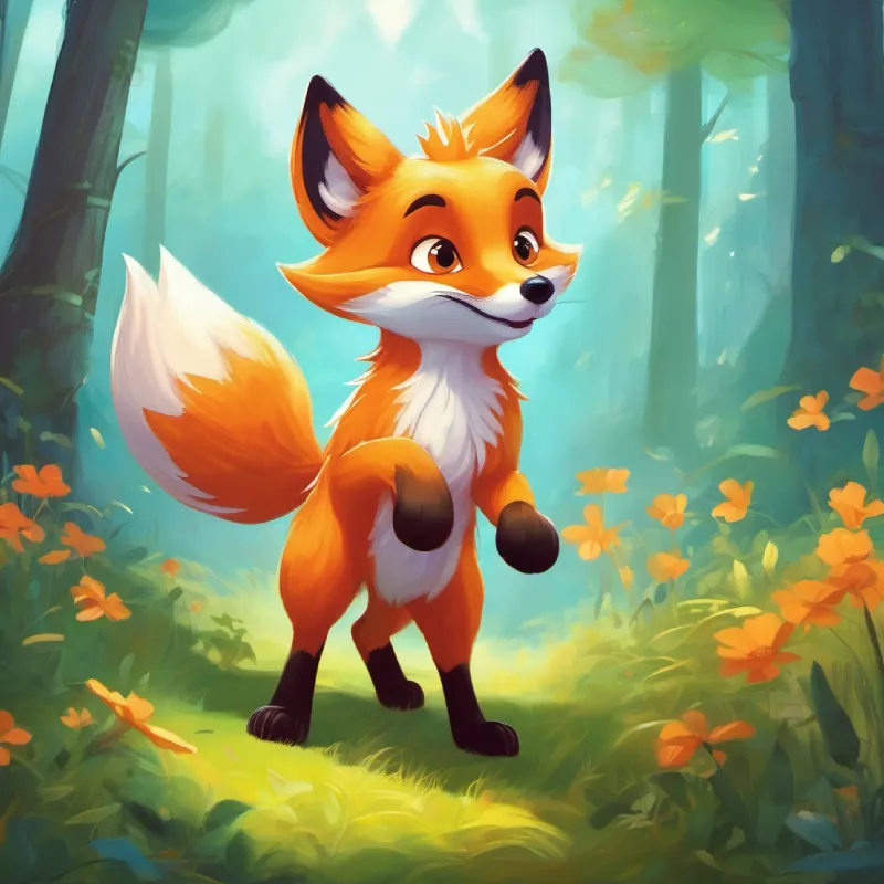 A playful fox with orange fur and bright eyes reunites with friends in a clearing.