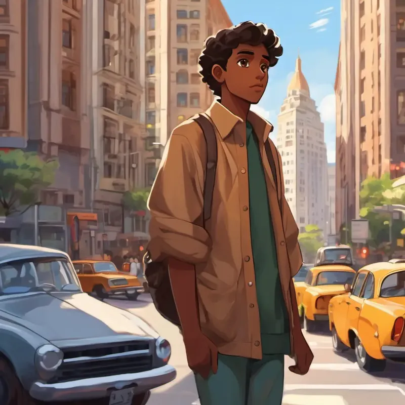 Ravi: brown skin, brown eyes and Maya: brown skin, brown eyes standing in front of tall buildings and watching cars on busy streets