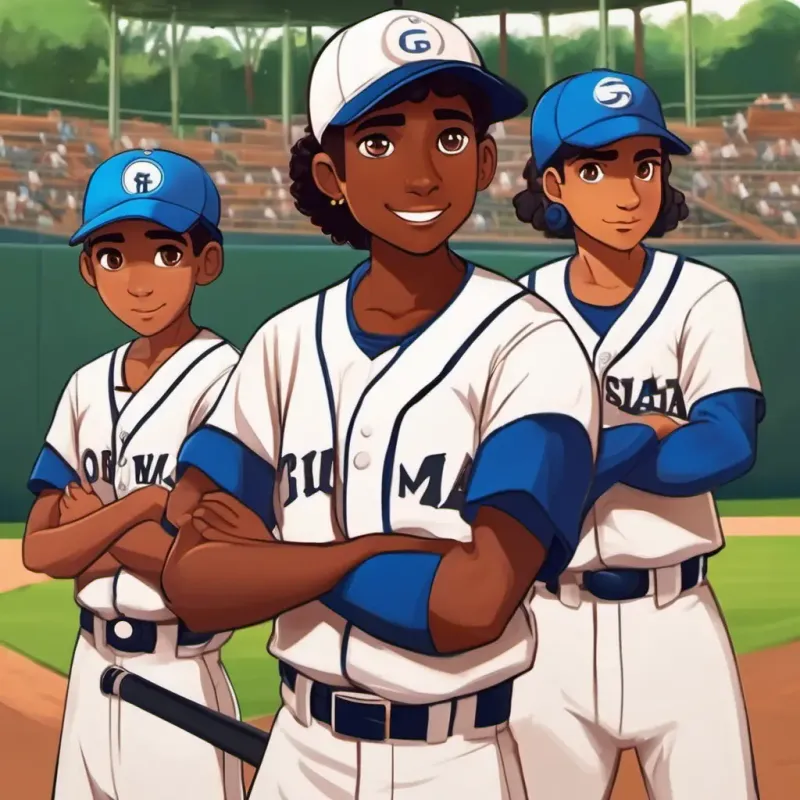 Ravi: brown skin, brown eyes and Maya: brown skin, brown eyes playing baseball with their team, wearing baseball uniforms