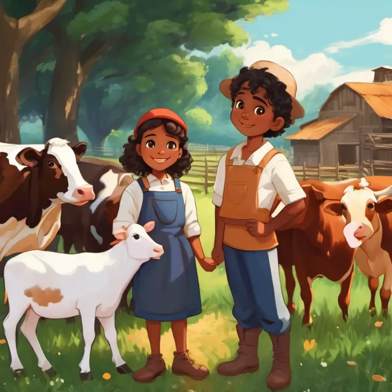 Ravi: brown skin, brown eyes and Maya: brown skin, brown eyes at a farm, petting cows and feeding chickens