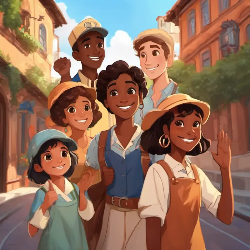 Ravi: brown skin, brown eyes and Maya: brown skin, brown eyes with their American friends, smiling and waving goodbye