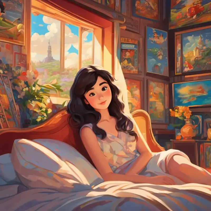 Lily lying in bed, surrounded by her favorite Disney movie posters