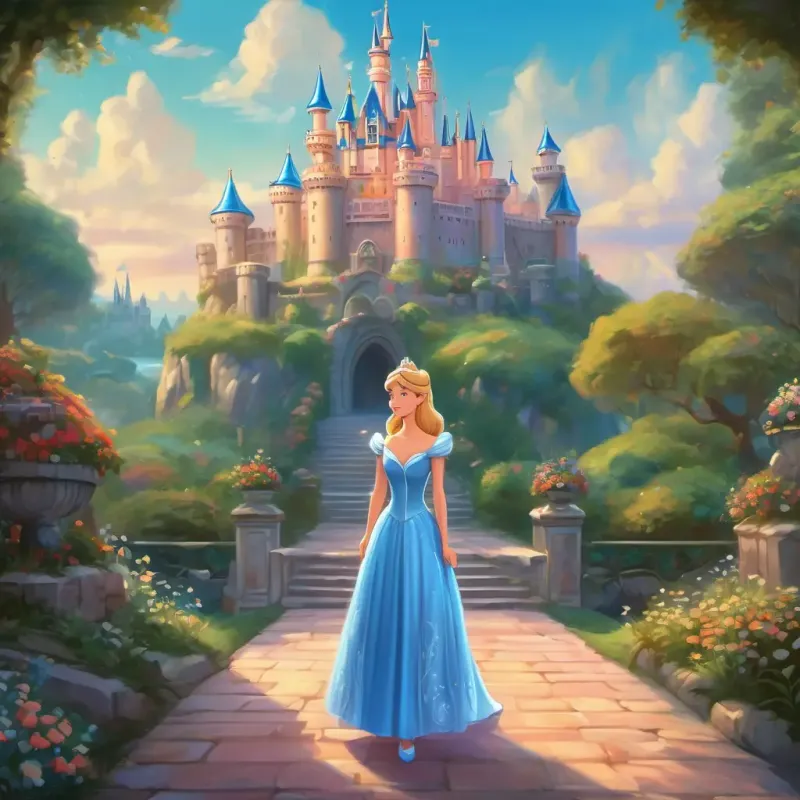 Lily standing in front of Cinderella's castle, surrounded by Disney characters