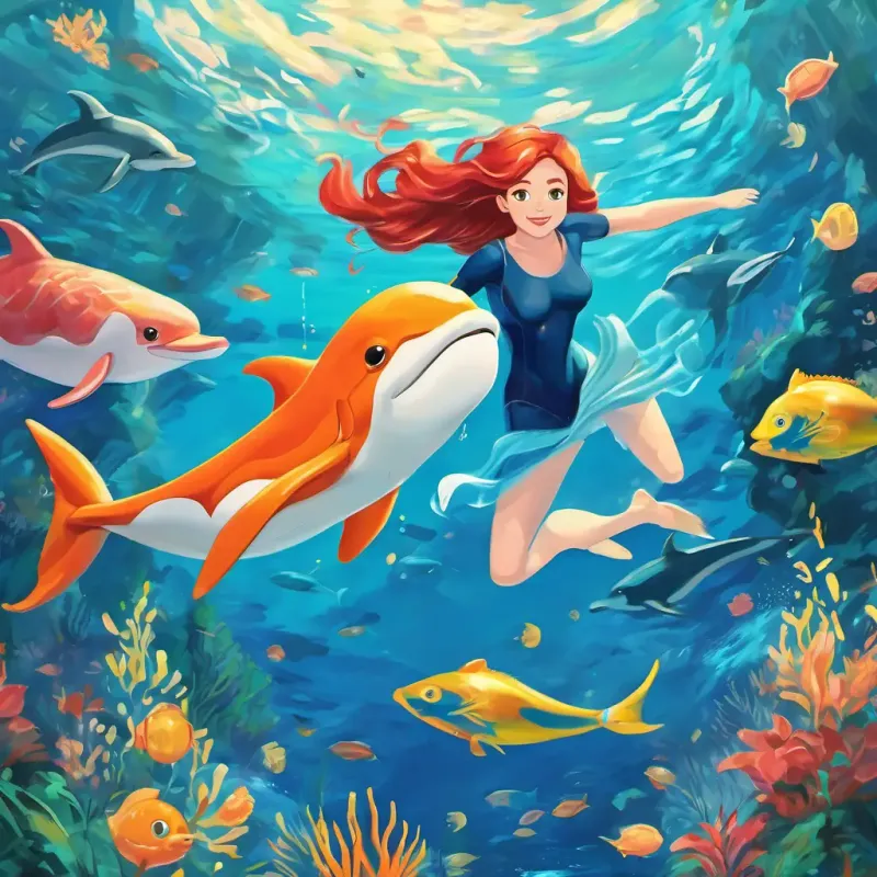 Lily and Ariel swimming underwater, surrounded by fish and dolphins