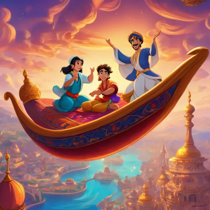 Lily and Aladdin flying on a magic carpet above Agrabah