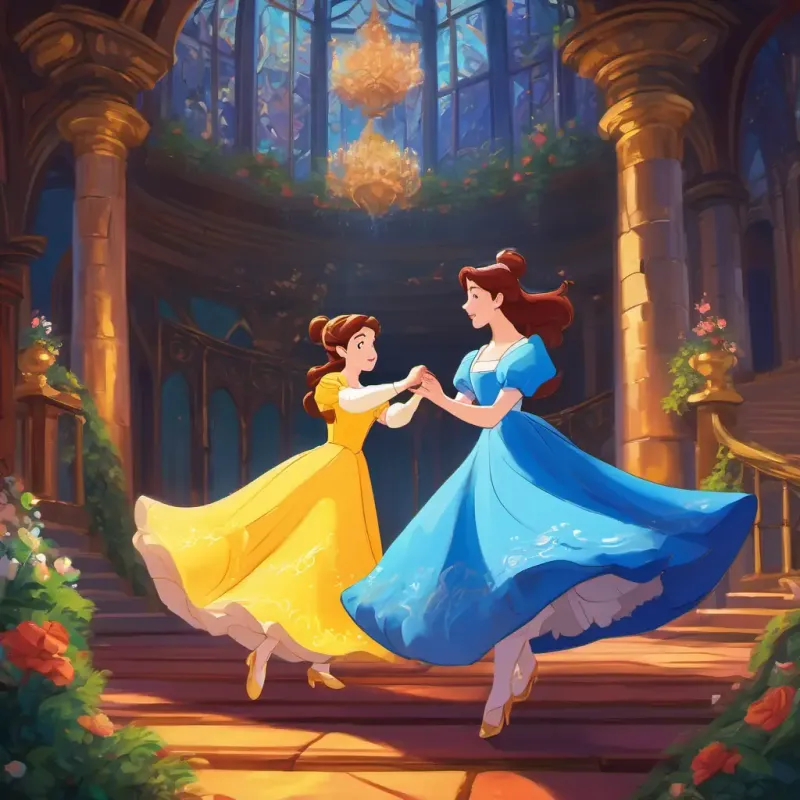 Lily and Belle dancing in the Beast's enchanted castle