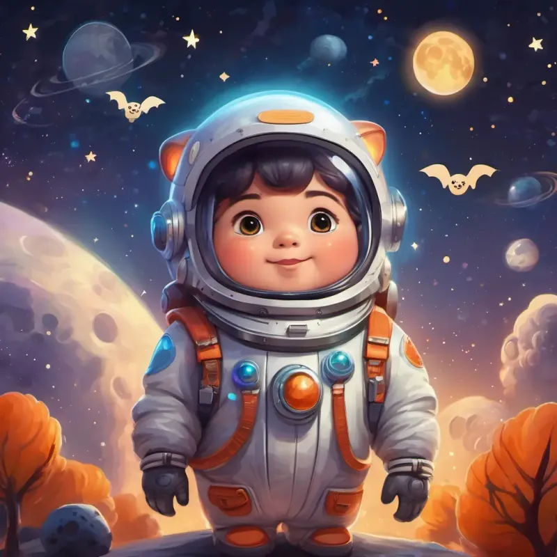 In a cozy rocket with colorful buttons and twinkling stars, Cute and chubby with twinkling eyes, in a space suit eagerly preparing for a space adventure.