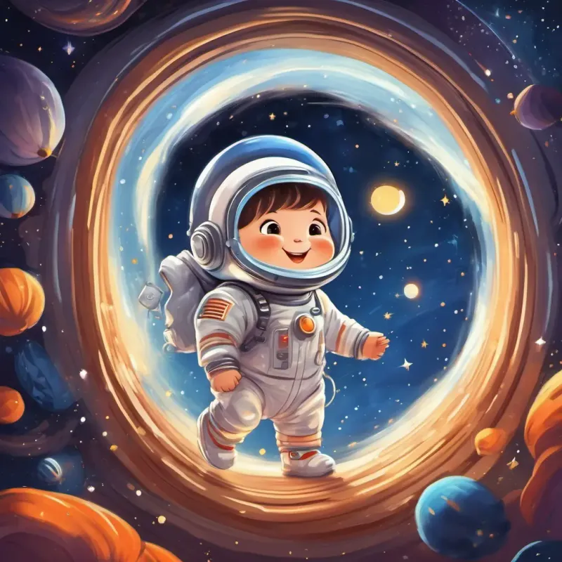 The rocket soaring into the starry sky, leaving behind a trail of sparkling stardust. Cute and chubby with twinkling eyes, in a space suit's cute space suit and giggling face framed by the spaceship's window.