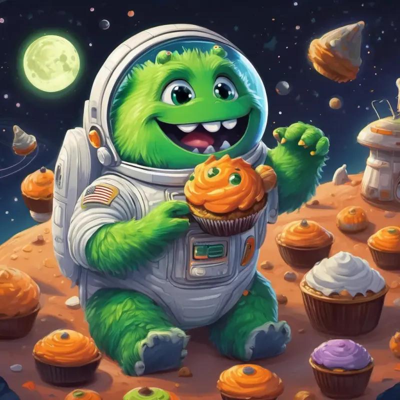 On the moon, Cute and chubby with twinkling eyes, in a space suit encountered a furry green monster with a big smile, happily munching on moon-shaped muffins in a lunar bakery.
