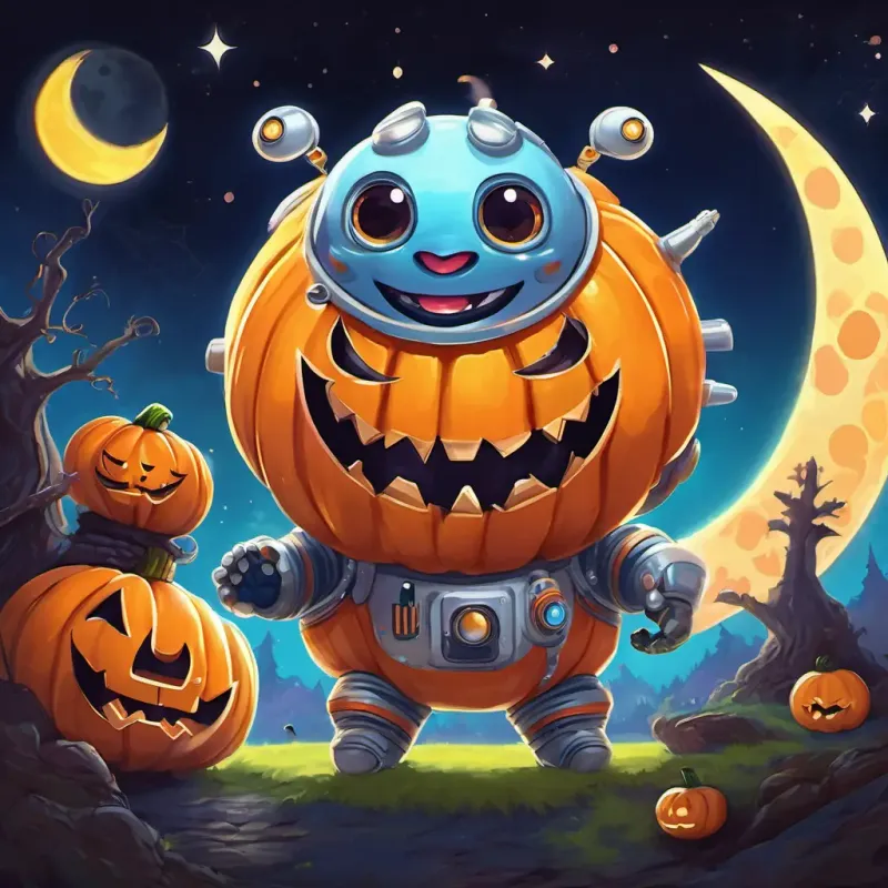 The monster's wide grin lighting up while offering Cute and chubby with twinkling eyes, in a space suit a moon muffin, both of them laughing and munching happily under the glowing moon.