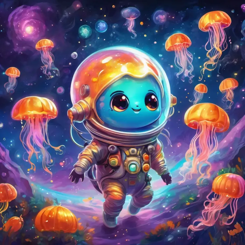 In the depths of a glowing galaxy, Cute and chubby with twinkling eyes, in a space suit spotted a colorful celestial jamboree of jellyfish dancing and frolicking to the rhythm of spacey music.