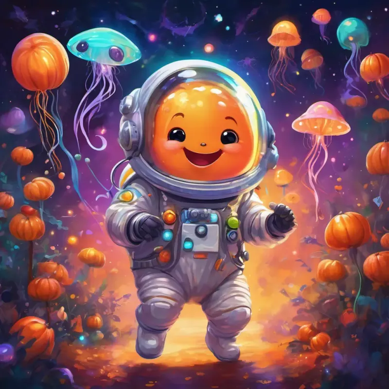Cute and chubby with twinkling eyes, in a space suit, decked out in a snazzy space suit, boogying and giggling with the energetic jellyfish in the vibrant, starlit dance party.