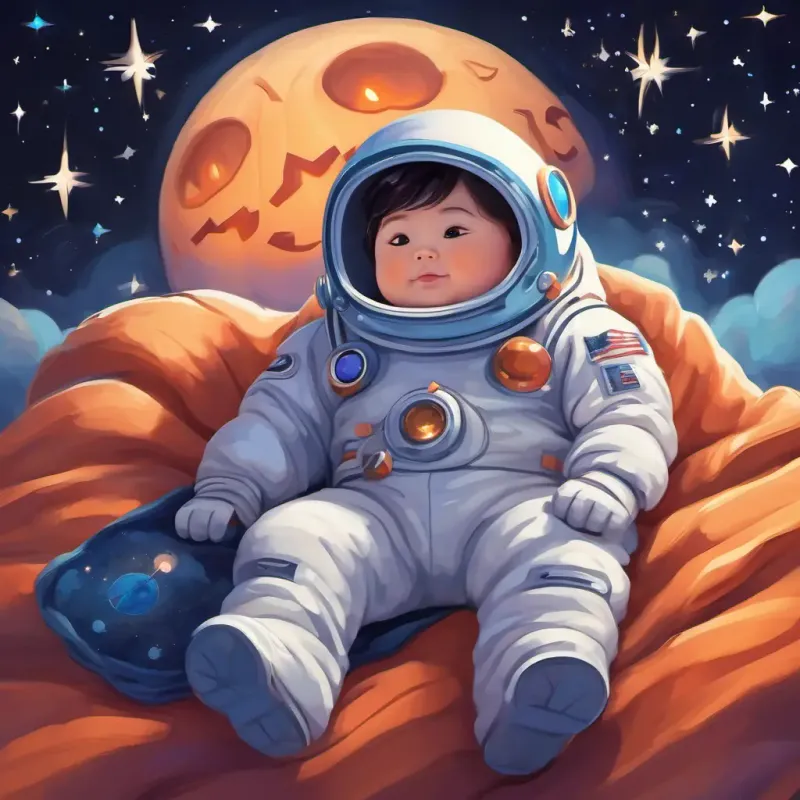 Back in the rocket, Cute and chubby with twinkling eyes, in a space suit drifts into a peaceful slumber, nestled in a soft, star-spangled blanket, journeying homeward with sweet dreams of spacey escapades.